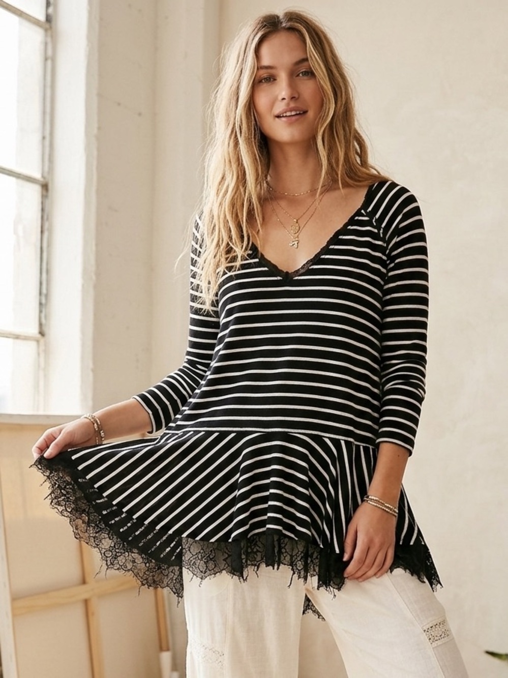 Free People We The Free Striped Peplum Long Sleeve Top Black White L